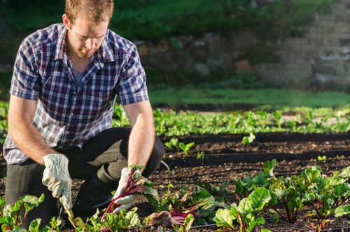 Team member preparing garden tools on site