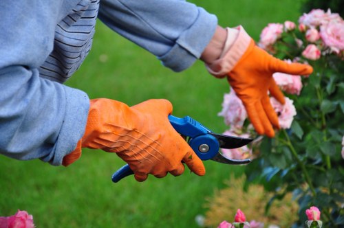 Community gardener providing assistance to a visitor with a mobility aid at a Thamesmead garden entrance